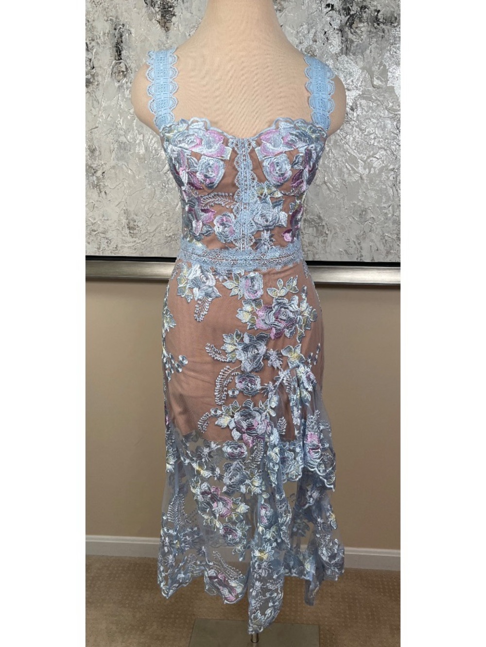 BRONX AND BANCO Eva Floral Embroidered Blue Midi Dress Size Small - Picture 2 of 7